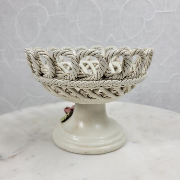 Vintage Capodimonte Pedestal Bowl 4.25" Pink Flower Woven Porcelain Basket - Picture 13 of 16